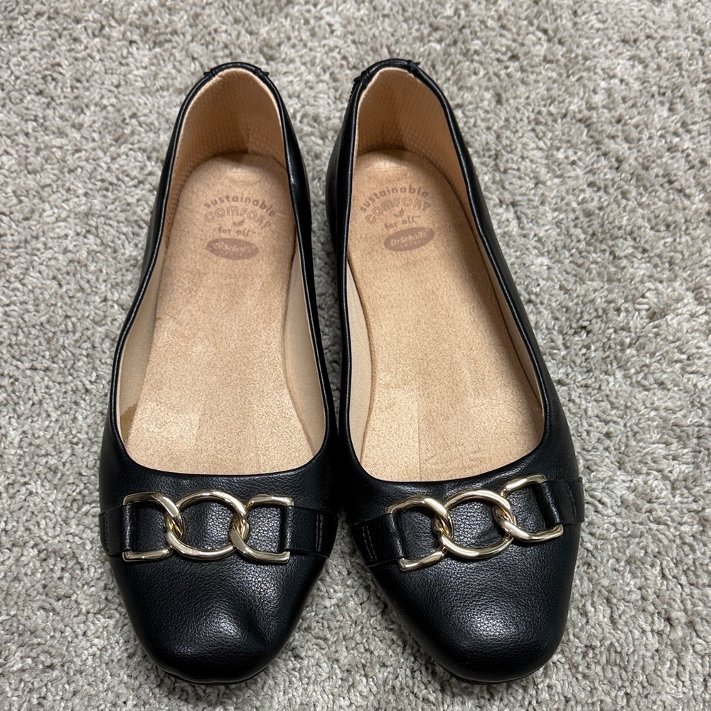 Dr. Scholl's Black Flats with Gold Buckle